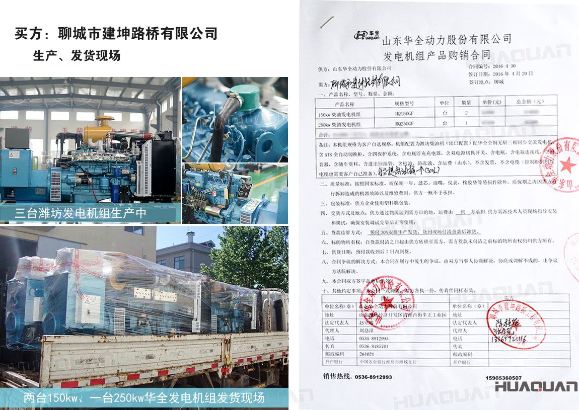 聊城市建坤路橋有限公司在華全動力分別采購150kw柴油發(fā)電機(jī)組2臺
